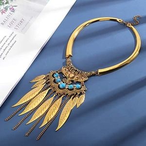 Boho Turquoise Alloy Choker / Bib Statement Necklace with Feather / Leaf Tassel